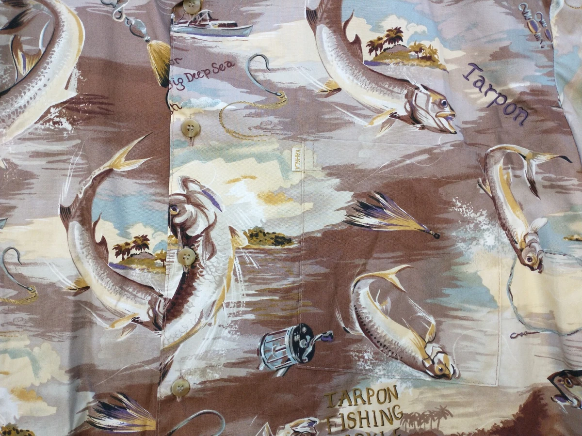 Vintage Kahala Hawaiian Shirt Mens L Brown Tarpon Fish Deep Sea