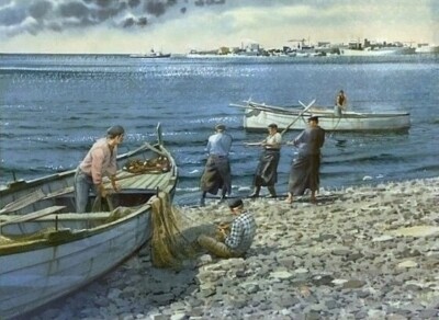 Charles Peterson AT GENOA 17x23 ORIGINAL WATERCOLOR Fishermen