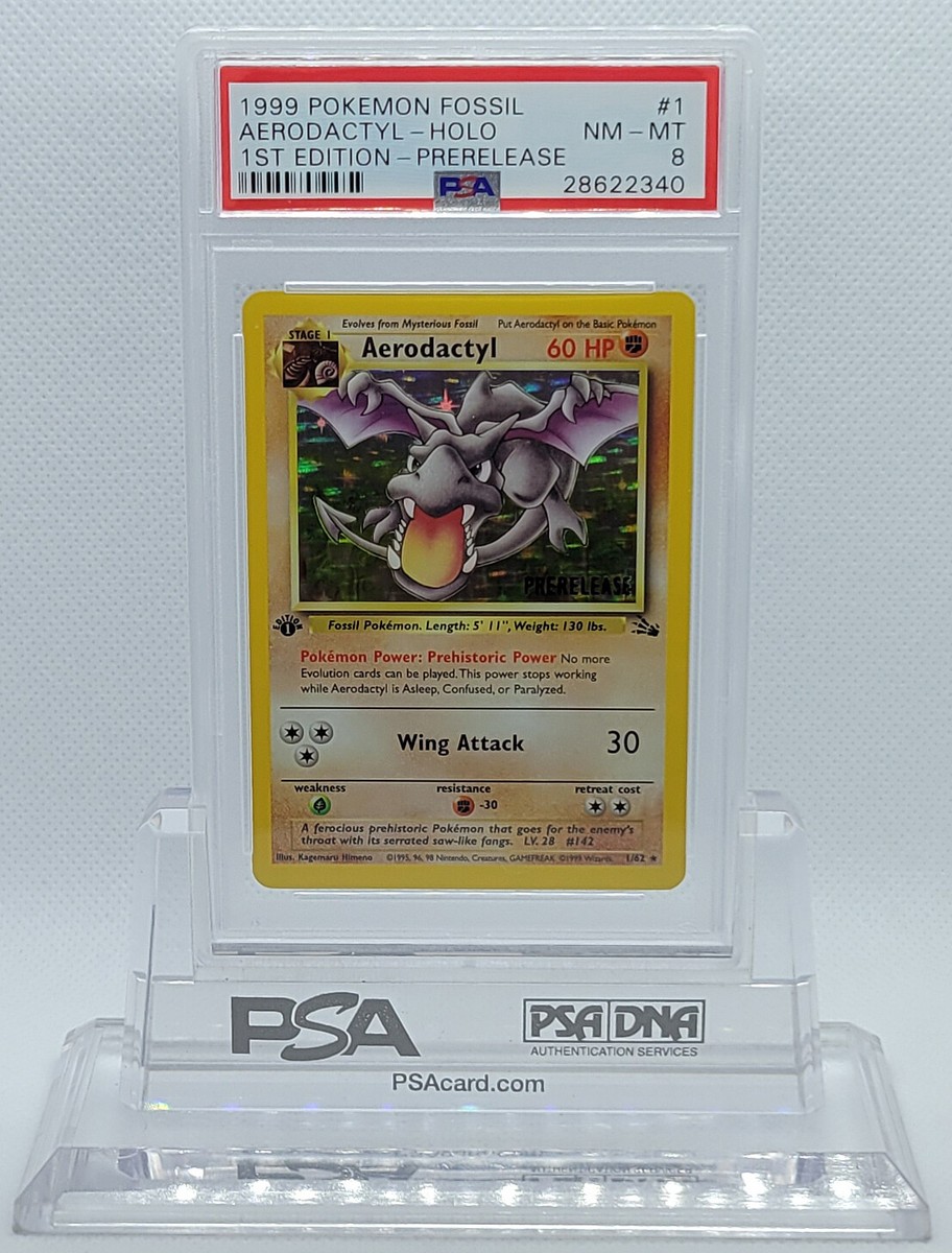 POKEMON 1S ED FOSSIL AERODACTYL PRERELEASE HOLO FOIL CARD PSA 8 NM