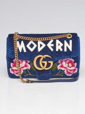 Gucci Blue Quilted Velvet Embroidered MODERN Medium Marmont