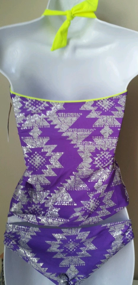 Mudd Swimsuit 2 Piece Tankini Bandeaukini Purple Gray Set Top Bottom Size S - Image 3 of 3
