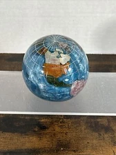 Gemstone Globe Paper Weight 3.25" Diameter w/ Inlaid Semi-Precious Stones