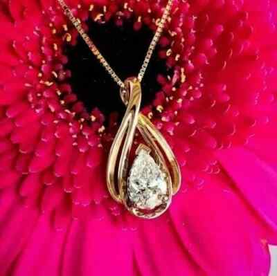 3Ct Pear Lab Created Teardrop Pendant 18'' Free Chain 14K Yellow Gold Plated