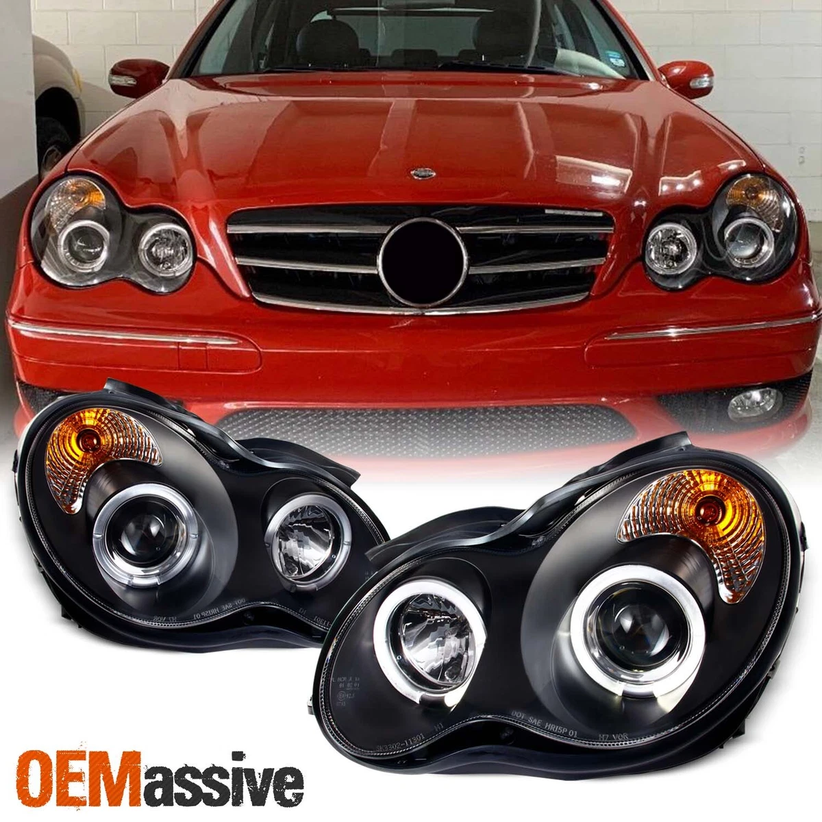 Fits 2001 07 Benz W203 C Class Black Bezel LED Halo Projector