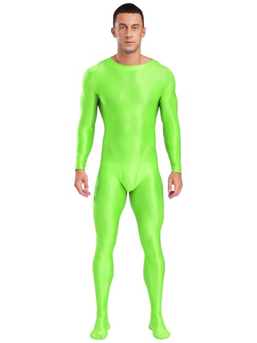 Mens Glossy Bodysuit Zip Back Suit Long Sleeve Leotards Footed Jumpsuit Bodysuit - Picture 40 of 68