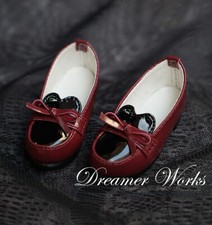 Matte Red Bright Black Spliced Leather Flat Shoes Bow Deco for 1/4 1/3 BJD Doll