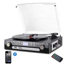 Bluetooth Turntable Vinyl to MP3 Converter Cassette Player AM/FM USB SD Remote