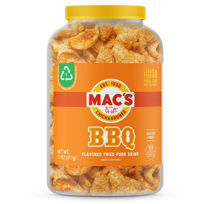Mac's Chicharrones BBQ Flavored Crispy Fried Pork Skins, 11 oz Canister