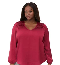 Lane Bryant Red Satin Knit Blouse 22/24 V-Neck Smocked Shoulder Long Sleeve Top