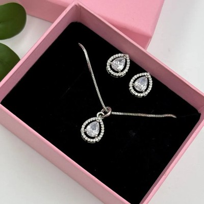 Custom Order! 3 Ct Pear Lab Grown Diamond Pendant & Earrings Set 14k White Gold