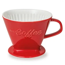 XXL Porcelain Coffee Dripper Ceramic Cone Brewer - Filter Size 4 Red - Huge and