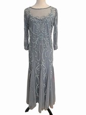 Pisarro Nights illusion neck Beaded Sequin Mesh Floral Gown Dress Gray Size 8