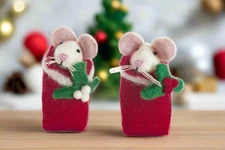 Christmas Handcrafted 2 pc Felt Swaddling Mice with Holly & Mistletoe