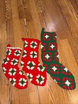 Vtg Handmade Crochet Granny Square Christmas Stockings White Red Green Lot