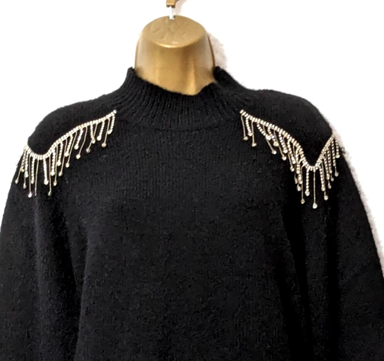 QUIZ Black Embellished Shoulder Soft Knit Jumper Sz 10-12 Long Sleeve Xmas Party - Image 2 of 4