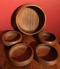 TEAK WOODEN BOWL SET - 1 LARGE & 4 SMALL SERVING, SALAD, SNACKS/NIBBLES. VINTAGE