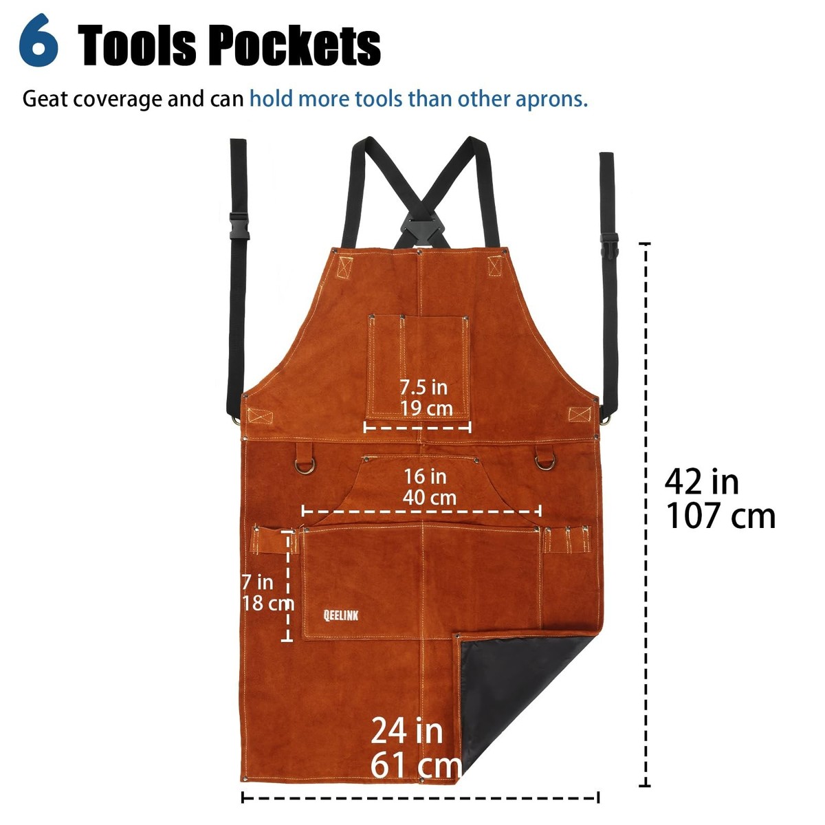 QeeLink Leather Welding Apron with 6 Pockets - Heat & Flame