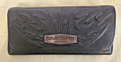 Harley-Davidson Women s Black Leather Flame Embossed Wallet HD Logo Snap Closure