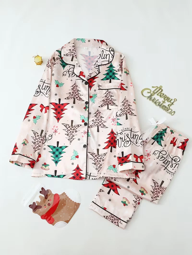 Funky Christmas Tree Comfy Long Sleeve Pajama Set 3D All Over Print