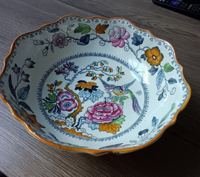 MASON'S FLYING BIRD PATTERN GROSSE SERVIERSCHALE MIT BLAUEM FUSS NEUWERTIG um 1860