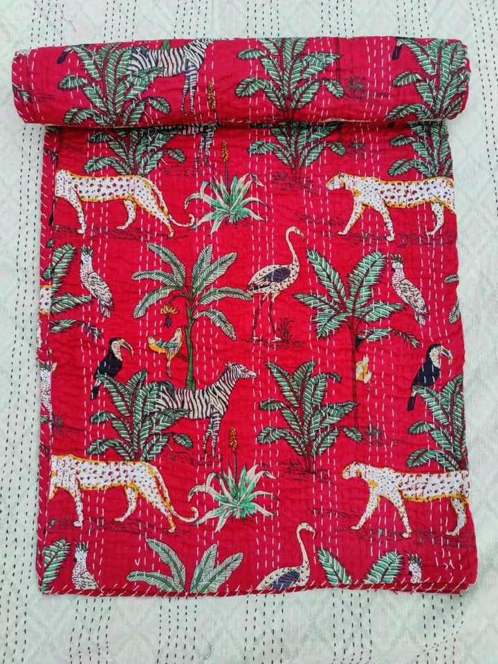 Edredón Kantha gris indio estampado selva, manta algodón tamaño king colcha tiro Foto 3 de 4