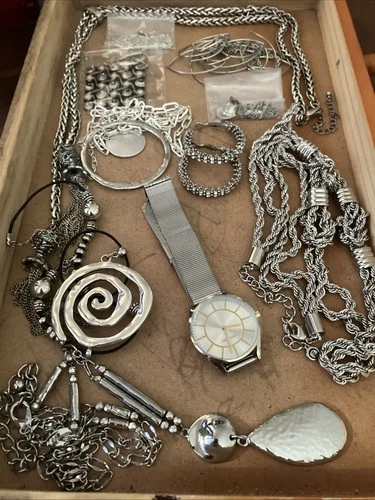Assorted Silver Toned Costume Jewelry Lot Wearable Vintage Modern Now