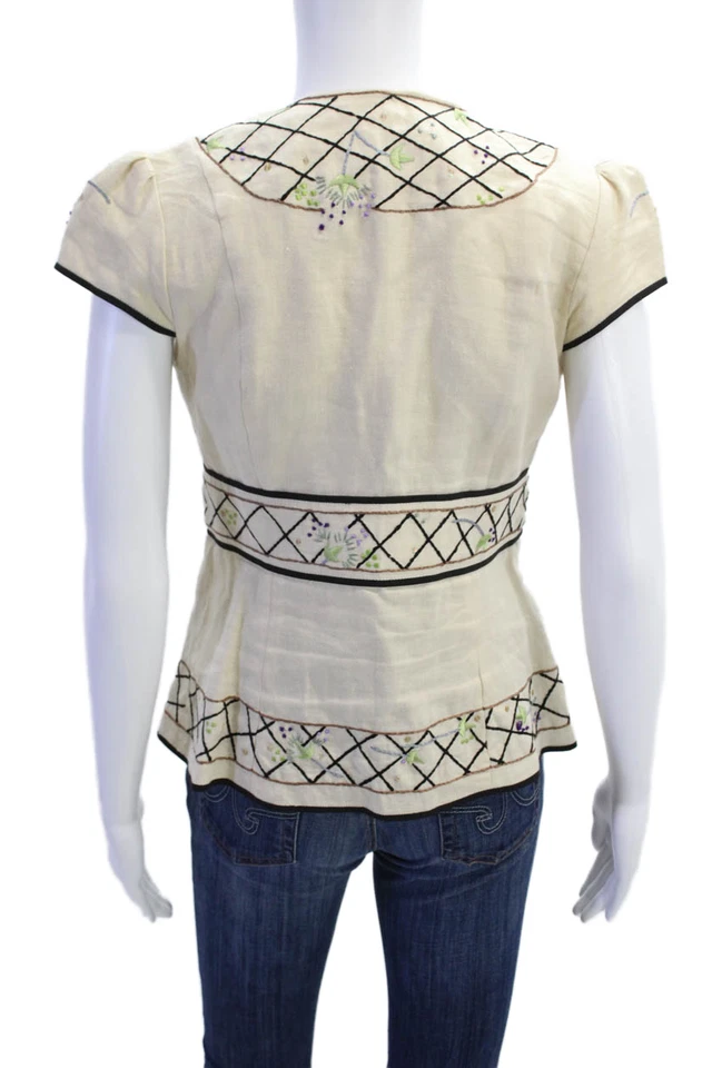 Top Nanette Lepore Mujer Manga Corta Cinco Botones Bordado Beige Talla 2 Foto 3 de 4