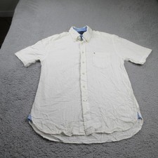 Tommy Hilfiger Shirt Men's Large Ivory Cotton Short Sleeve Button-Down Classic