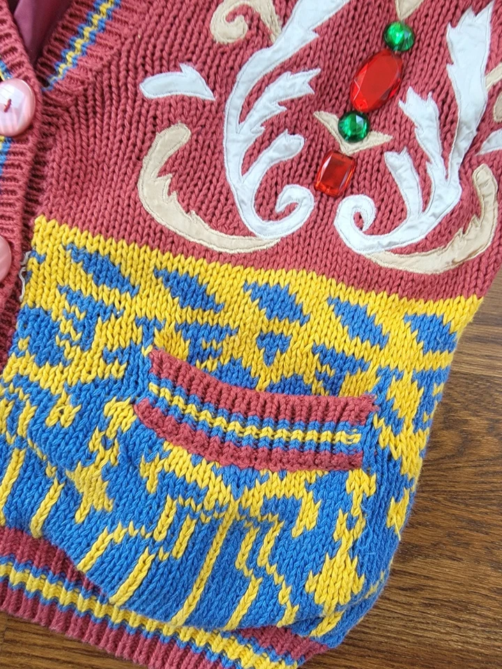 Rare No! jeans Cardigan Sweater Jewled Funky Design Oversized Lined Button Up - Image 4 of 4