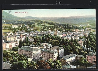 Baden-Baden, Ortsansicht vor Hügellandschaft, Ansichtskarte 1909 