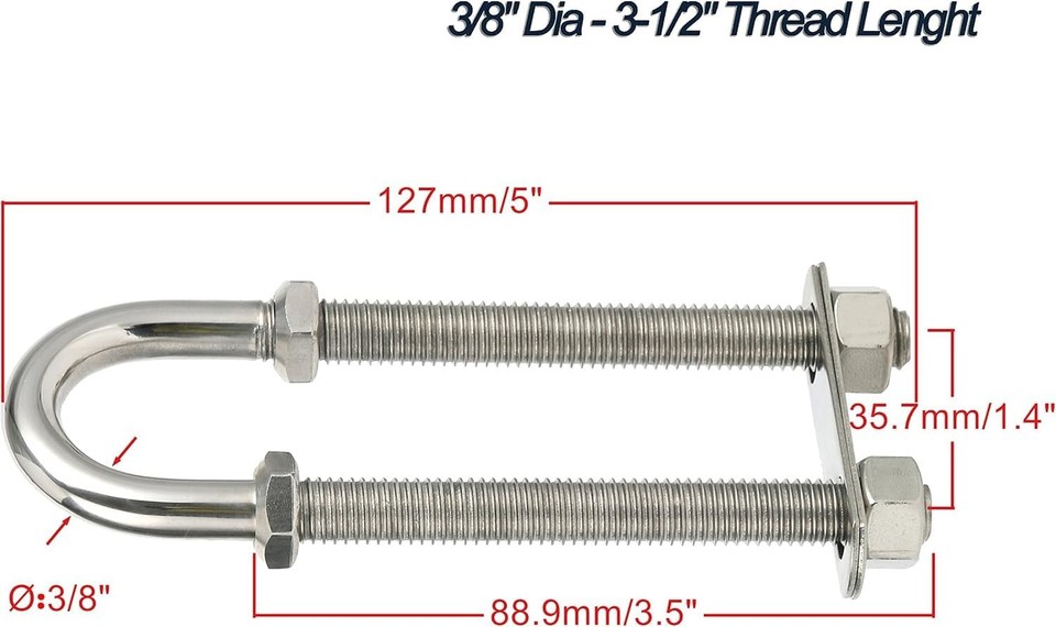 Hoffen Boat Stern Bow Eye U-Bolt - Stainless Steel Tie Down, 4.5\" Long, 3/8\" Diameter, 3500 Lb Load Capacity - View #4