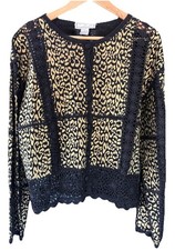 Unique Vintage Black/gold Suede Animal Print W/ Crochet Lace Knit Cardigan-LARGE