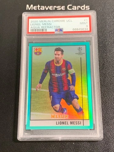 2020-21 Topps Merlin Chrome UCL Lionel Messi Aqua Refractor PSA9