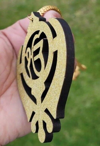 Ciondolo Ek Onkar Khanda Sikh Legno Colore Oro Protezione Male Auto AAAJ - Foto 4 di 10