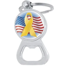 Yellow Ribbon Flag Troops Bottle Opener Keychain - Metal Beer Bar Tool Key Ring