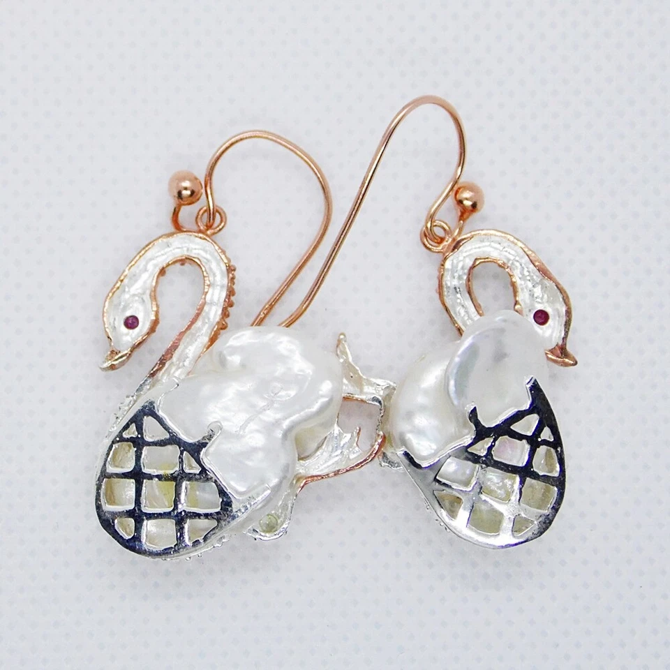 Perle Rhodolith Peridot Ohrhänger SCHWAN 925 Silber 585 Roségold vergoldet - Bild 4 von 4