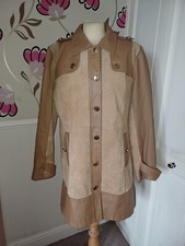 Iman Vintage Light Tan Leather & Suede Mid Length Trench Coat Size L 42"