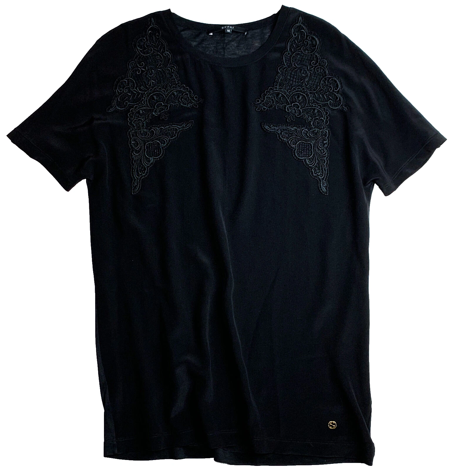 Top blusa Gucci donna nero seta logo GG manica corta pizzo intarsiato media