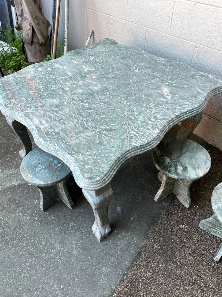 Green Marble Garden Table Set: Table with Four Stools - Image 4 of 4