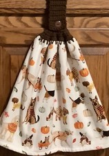 Double Hanging kitchen towel Fall dogs pumpkins crocheted Brown top