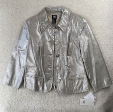 Worth New York Leather Jacket Women's 14 Silver Blazer Pleated