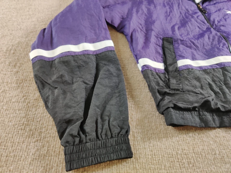 Chaqueta cortavientos vintage Reebok para mujer mediana cremallera completa púrpura negro bloques de color Foto 3 de 4