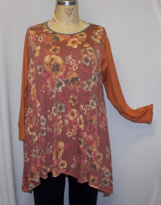 Coco & Juan Lagenlook Plus Size Orange Print Poly Knit Tunic Top Size L fits 1X