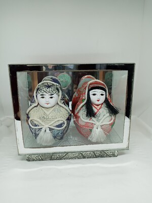 Vtg. Original Japanese Daruma Wedding Doll Roly Poly Brocade W Clear Mirror Box 
