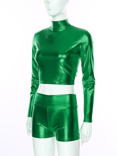 Womens Crop Top With Shorts Booty Outfit Swimsuit 2PCS Party Metallic Dancings - 第 19/57 張圖片