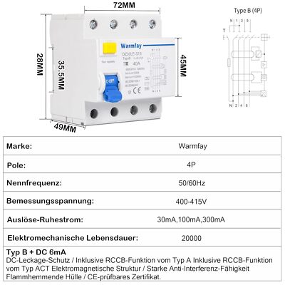 FI Fehlerstromschutzschalter RCD Typ B Wallbox E-Auto Allstromsensitiv CE VDE