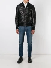 Men Leather Bomber Genuine Leather Black Motorcycle Biker Jacket XS-2XL FB198