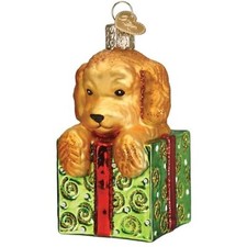 Old World Christmas Glass Ornament, Doodle Puppy Surprise With OWC Gift Box 