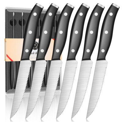 6Pcs Serrated Stainless Steel Steak Knives Set Kitchen Chef Cutlery Sharp Knives