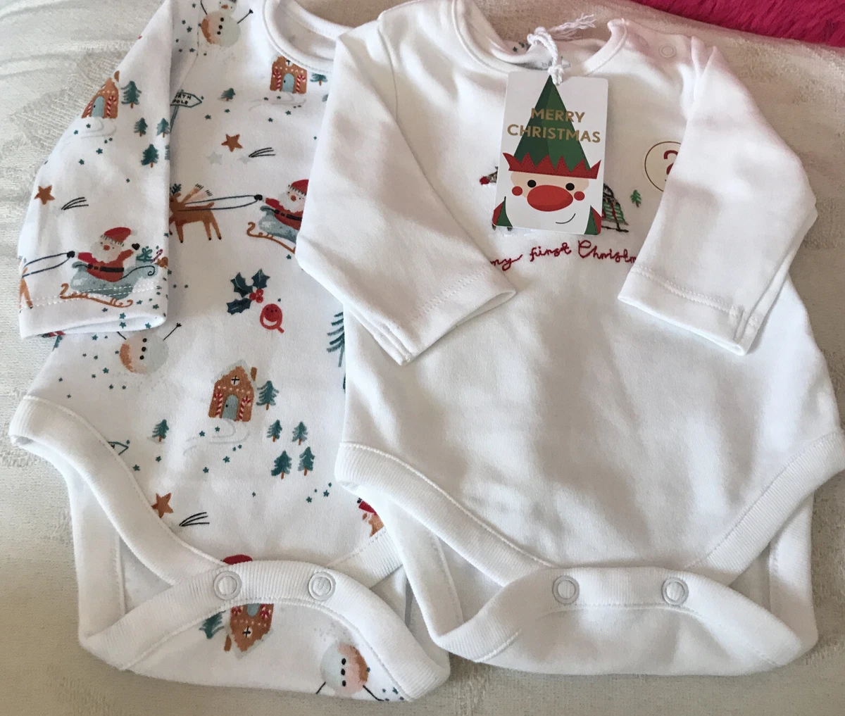 Next Set 2 White Christmas Long Sleeved Bodysuits Newborn